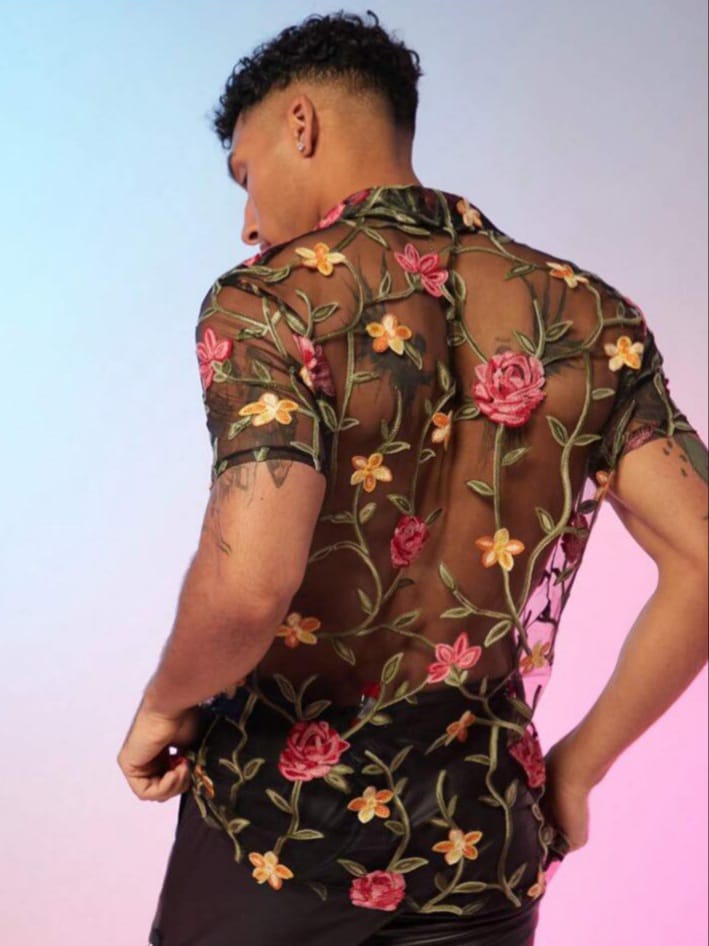 Streak Hawk Men's Woven Floral Embroidery Button Down Casual Sexy Shirt